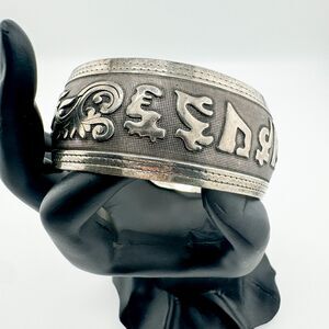Vintage Handmade Tibetan Silver Cuff Bracelet with Lucky Charms Retro Chunky